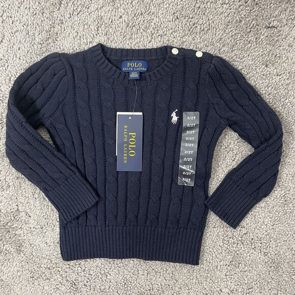 NWT Polo RALPH LAUREN Girls 2T Cable Knit Sweater Long Sleeve Navy & Pink Pony